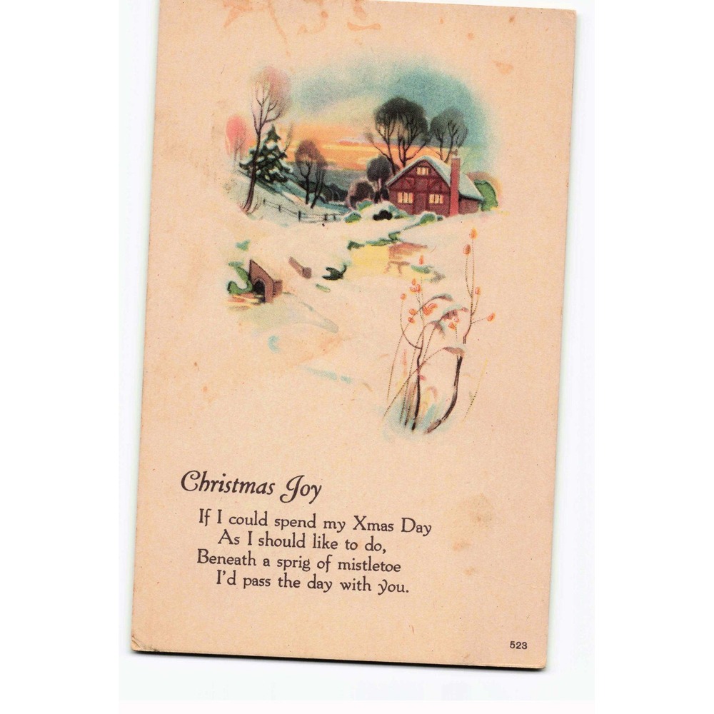 Vintage Christmas Joy Postcard Winter Cottage Mistletoe Poem Unposted 523